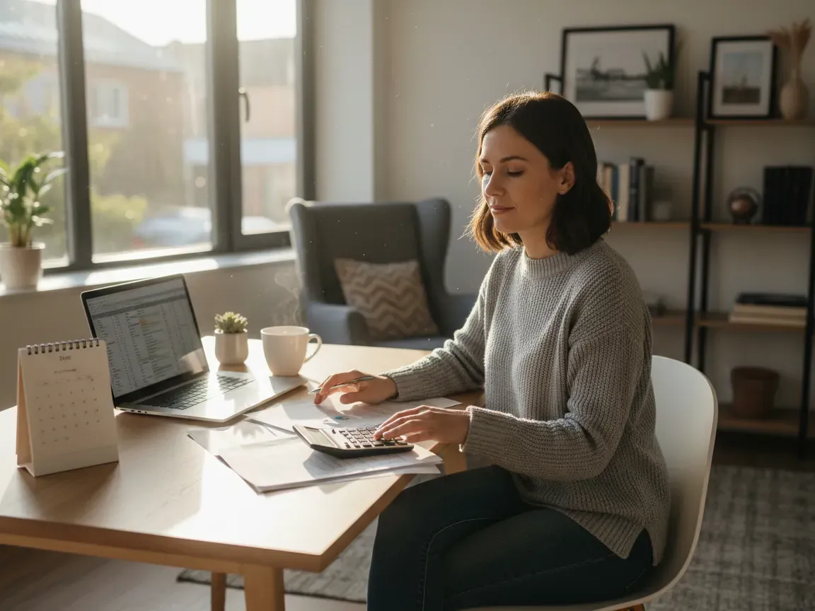 Spokojny freelancer analizuje dokumenty finansowe przy drewnianym biurku. Obok laptopa kalkulator, kubek i kalendarz.